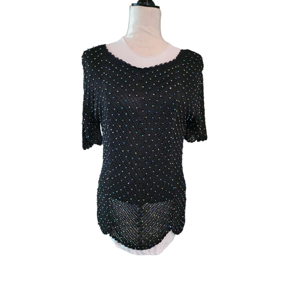 Vintage Sophie Chang Studio Black Iridescent Beaded Crochet Top Women's L